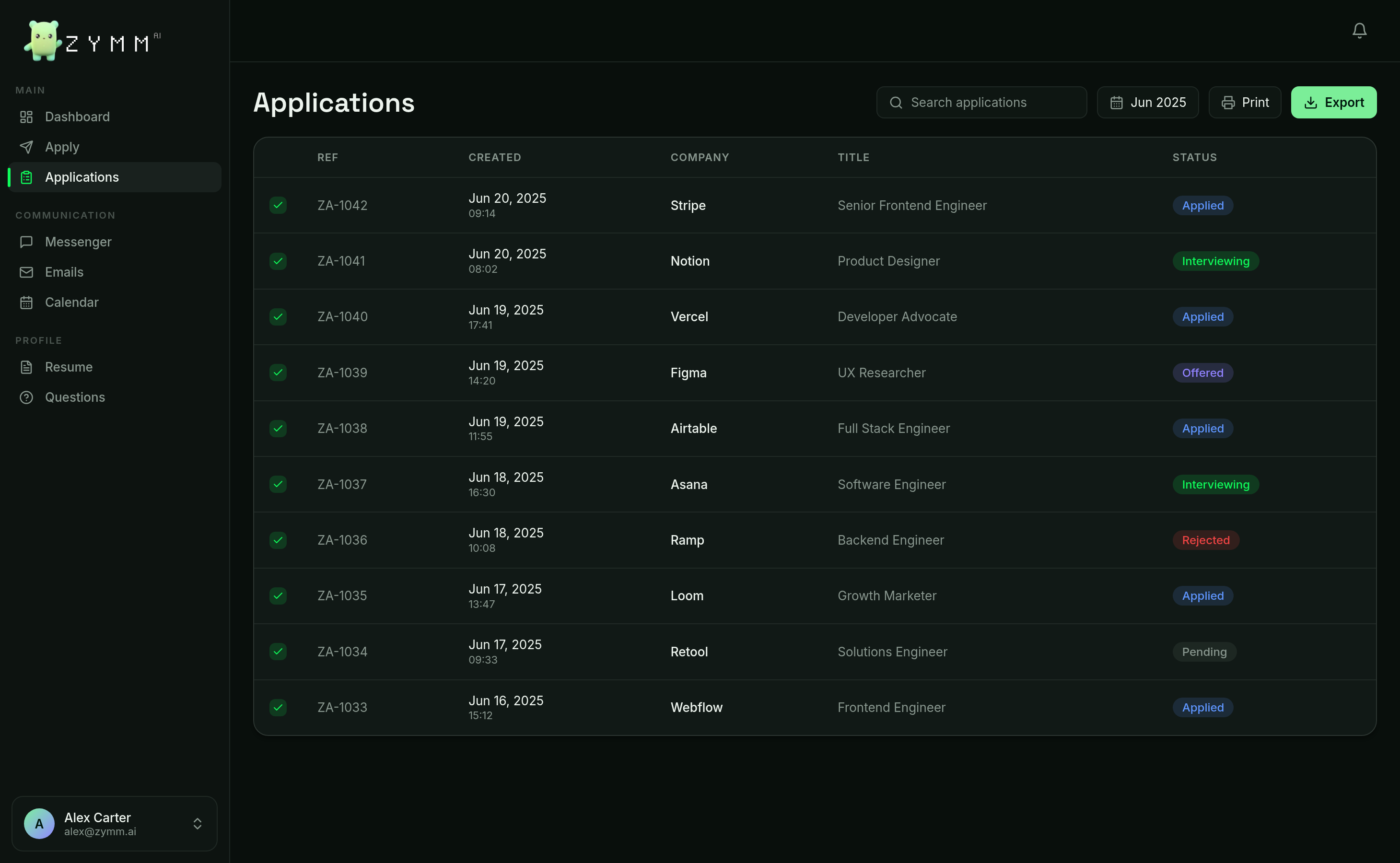Zymm applications dashboard tracking auto-applied jobs