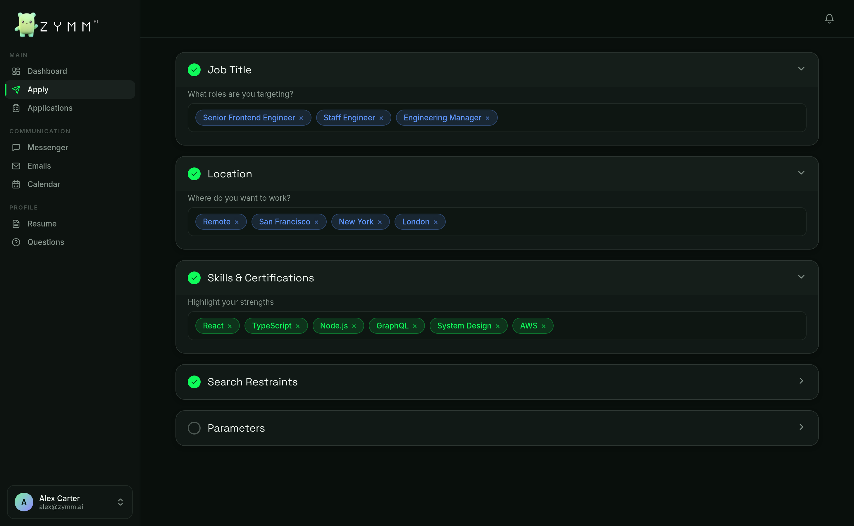 Zymm apply page defining target roles, locations and skills