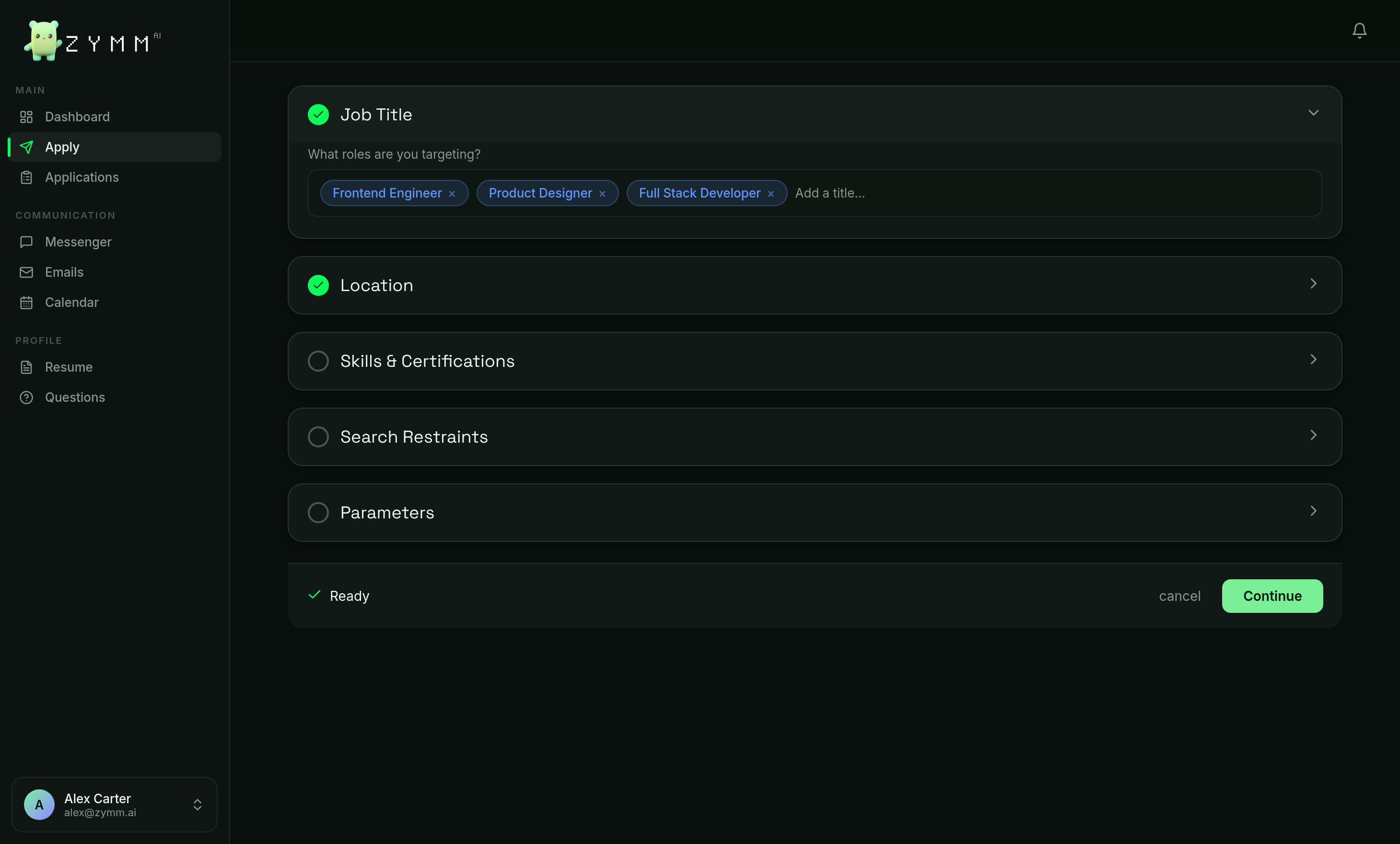 Zymm apply flow to set up an automated job search