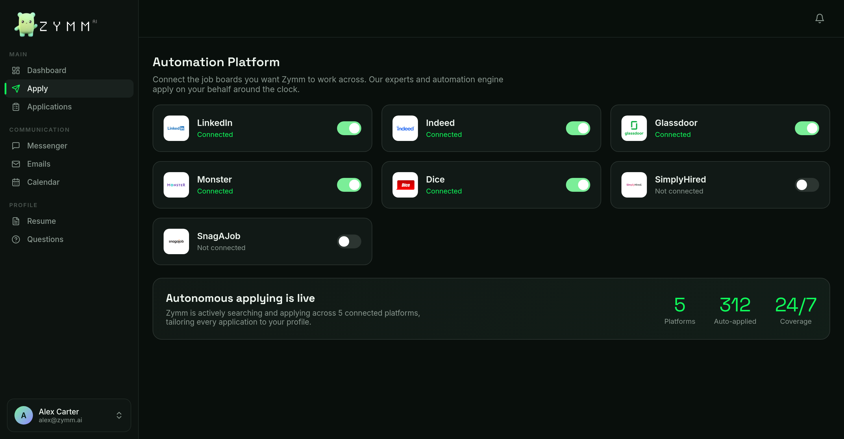 Zymm automation platform connected to job boards